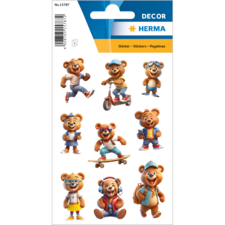 Bunte Aufkleber mit niedlichen Bären in verschiedenen Aktivitäten wie Skaten, Rollerfahren und Musikhören.