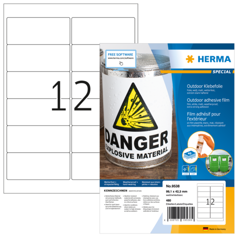 Aufkleberblatt mit 12 leeren Etiketten und einem Beispiel für ein Warnschild mit der Aufschrift "Danger Explosive Material".