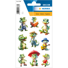 Eine Sammlung von neun bunten Aufklebern mit cartoonhaften Echsen in verschiedenen Aktivitäten, darunter Lesen, Skateboardfahren und Musizieren.