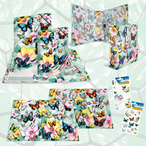 Colorful butterflies and flowers on various cards and a stand, surrounded by a bright, patterned background.