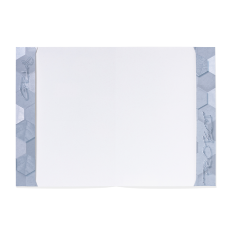 Leeres Notizbuch mit einem grauen, hexagonalen Rahmen und dem Schriftzug "ROK" auf der rechten Seite.