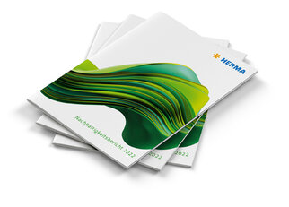 Three brochures with a modern, curved design in green, titled 'Sustainability Report 2022' by HERMA.