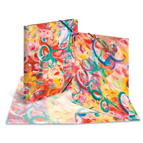 Bunte, abstrakte Kunst mit geschwungenen Linien und Formen in Rot-, Blau- und Gelbtönen auf einem Ordner.