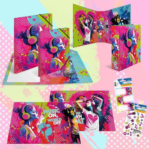 Colorful binders and notepads featuring music motifs and graphic illustrations of people wearing headphones.