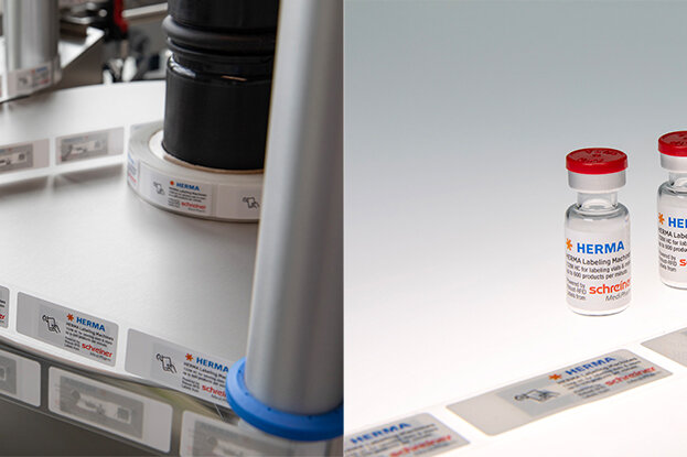 Production line with vaccines on a conveyor belt, alongside several vaccine vials with red caps.