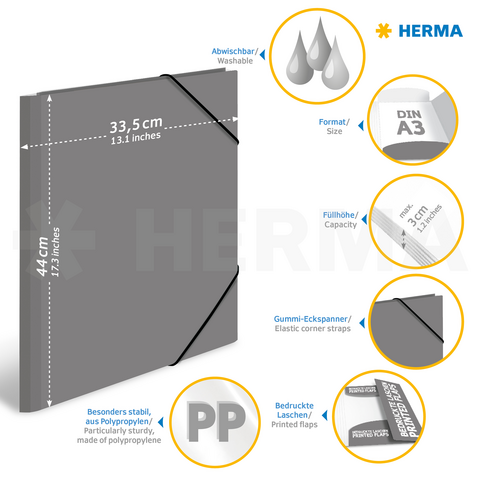 Gray A3 folder with elastic corners, washable, made of polypropylene, sturdy, and with printed tabs. Dimensions: 44 cm x 33.5 cm.