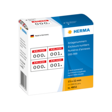 Aufbewahrungsbox mit Anlagenummern von HERMA, enthält 2000 doppelt nummerierte Etiketten in der Größe 15 x 22 mm.