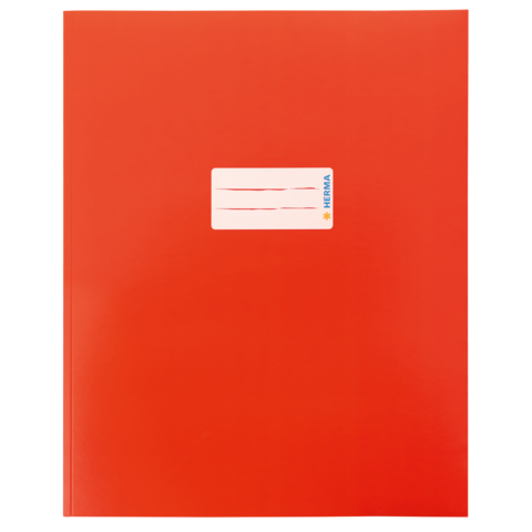 Rotes Heft mit einem weißen Aufkleber, der drei leere Linien zeigt.
