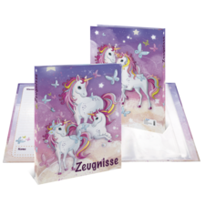 Two colorful binders featuring unicorn designs and butterflies, labeled 'Certificates.' Perfect for storing documents.