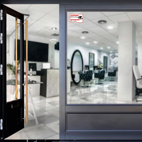 Glasfront eines Salons mit einer offenen Tür, die einen modernen Innenraum mit Friseurstühlen und Spiegeln zeigt. Ein Warnschild ist sichtbar.