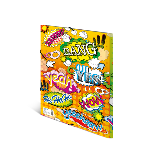 Bunte Mappe mit Comic-ähnlichen Ausdrücken wie "BANG", "WOW" und "OH YES" auf gelbem Hintergrund.