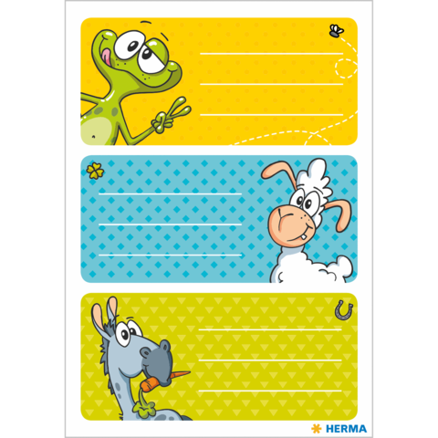 Drei bunte Etiketten mit einem Frosch, einem Schaf und einem Pferd, jeweils mit Platz für Text.