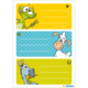 Drei bunte Etiketten mit einem Frosch, einem Schaf und einem Pferd, jeweils mit Platz für Text.