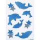 Glitzernde Aufkleber von Delfinen und Sternen in verschiedenen Blautönen auf einem weißen Hintergrund.