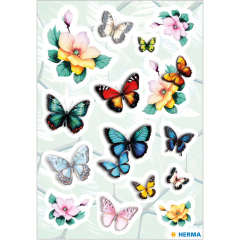 Colorful stickers featuring various butterflies and flowers in different colors and designs.