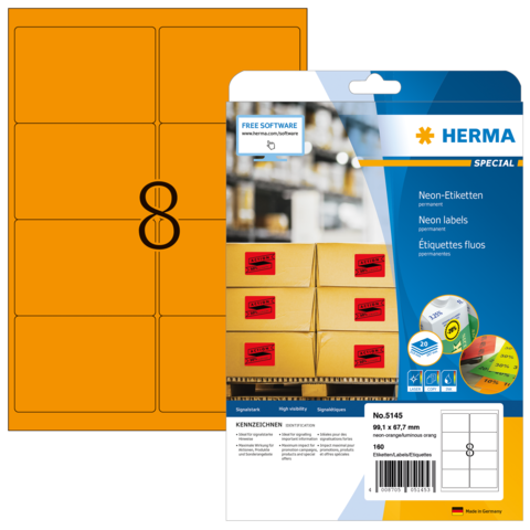 Neon-Etiketten auf einem Bogen, mit der Nummer 8 in der Mitte. Verpackung zeigt Produktdetails und Verwendungshinweise.