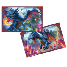 A blue dragon with red wings breathes fire and stands before a fantastical landscape filled with crystals and mountains.