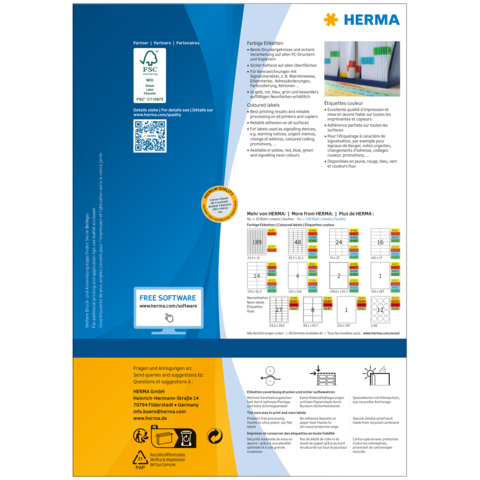 Rückseite einer Produktverpackung von HERMA mit Informationen zu Etiketten, Software und QR-Code für weitere Details.