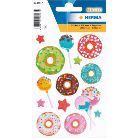 Bunte Aufkleber mit Donuts, Lollis und Sternen in verschiedenen Farben und Designs. Ideal für Bastelprojekte und Dekoration.