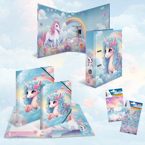Colorful school supplies featuring unicorn designs, including binders, folders, and stickers, set against a sky-blue background.