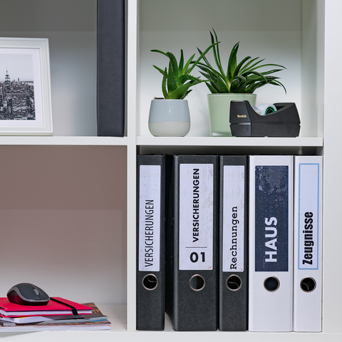 Shelf with file folders labeled 'Insurance,' 'Invoices,' 'House,' and 'Certificates.' Two plants and a picture frame on the shelf.