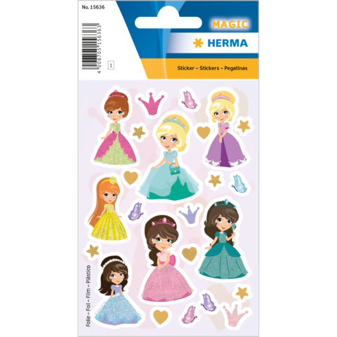 Bunte Aufkleber mit verschiedenen Prinzessinnen in eleganten Kleidern und Krönchen, umgeben von Sternen und Herzen.