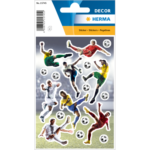 Aufkleber mit Fußballspielern in verschiedenen Posen, umgeben von Fußballmotiven. Ideal für Dekoration oder Bastelprojekte.