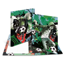 Zwei Fußballspieler in dynamischen Posen, umgeben von bunten Grafiken und Zahlen, die Tore darstellen.