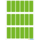 Grüne Etiketten auf einem weißen Blatt, angeordnet in mehreren Reihen und Spalten. Ideal zum Beschriften oder Organisieren.