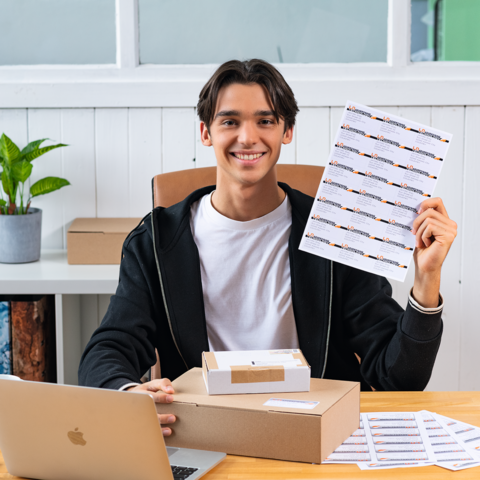 A young man is sitting at a table, holding a sheet of stickers in his hand and smiling. On the table, there is a laptop and a box.