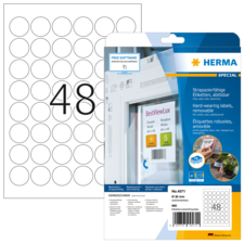 Runde, ablösbare Etiketten auf einem Bogen mit der Nummer 48, verpackt in einer transparenten Hülle von HERMA.