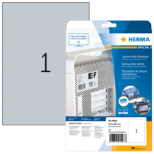 Typenschild-Etiketten-Packung von Herma, enthält 10 Etiketten in der Größe 210 x 297 mm, mit Hinweis auf kostenlose Software.