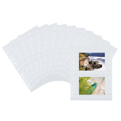 A collection of transparent photo sleeves that display two images: a boat on the water and a coastal view with buildings.