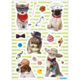 Cats and dogs in various funny outfits and accessories, including sunglasses, hats, and scarves, set against a striped background.