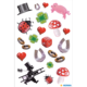 Bunte Aufkleber mit einem Schwein, Marienkäfer, Pilzen, Herzen, Hufeisen, Würfeln und einem Flieger in einem kreativen Design.
