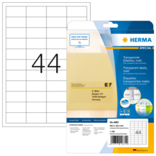 Transparente Etiketten von Herma, Packung mit 100 Stück, inklusive Anleitung zur Nutzung von kostenloser Software.