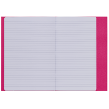 Ein offenes Notizbuch mit linierten Seiten und einem pinken Umschlag. Die Seiten sind leer und bereit zum Beschreiben.