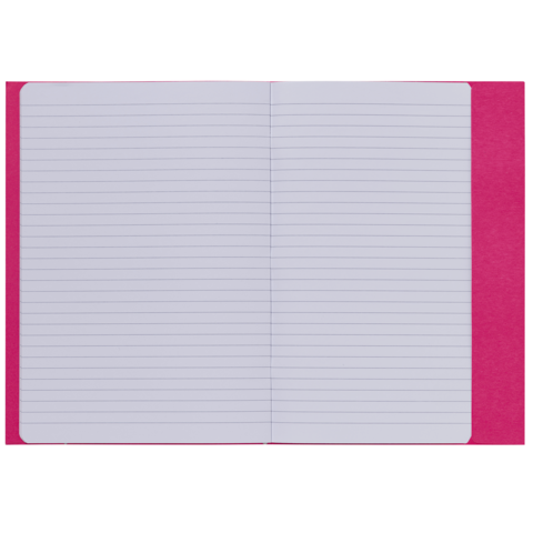Ein offenes Notizbuch mit linierten Seiten und einem pinken Umschlag. Die Seiten sind leer und bereit zum Beschreiben.