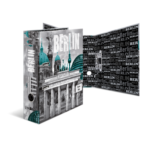 Ein Ordner mit einem grafischen Design, das das Brandenburger Tor und den Schriftzug "BERLIN" in verschiedenen Stilen zeigt.