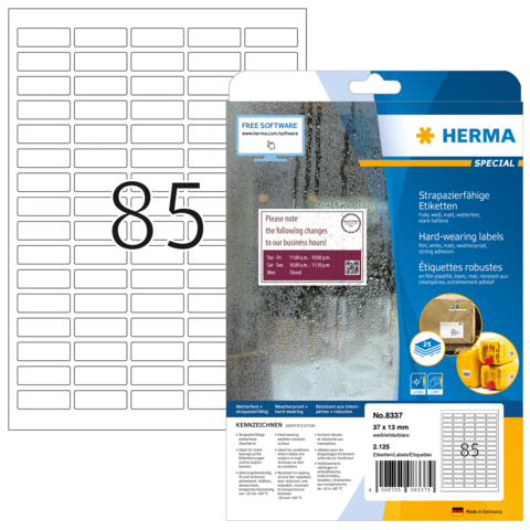 Etikettenbogen mit 85 Etiketten, robust und strapazierfähig, verpackt in einer transparenten Hülle mit Anweisungen und Software-Hinweis.