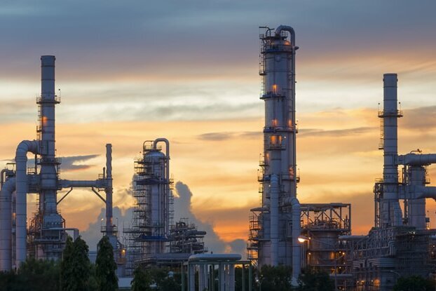 Petrochemical facility in the chemical industry, landscape format.