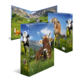 Folder with pictures of cows in a meadow, surrounded by mountains and blooming flowers.