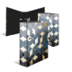 Drei Ordner mit geometrischem Design in Schwarz, Gold und Blau, die geöffnet und geschlossen dargestellt sind.