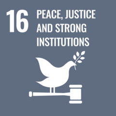 Symbol for UN Goal 16: Peace, Justice, and Strong Institutions, represented by a dove with an olive branch and a gavel.
