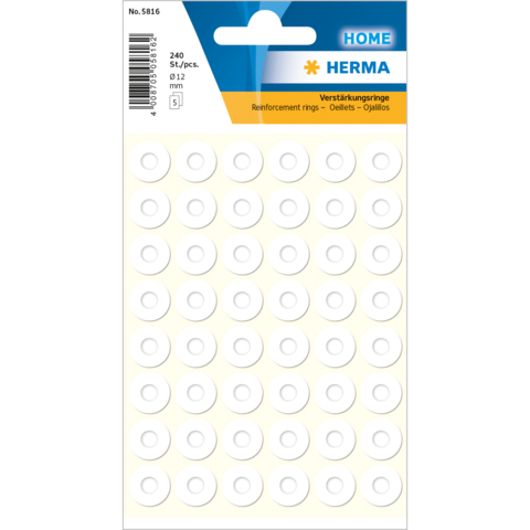 Verstärkungsringe in weiß, 240 Stück, Durchmesser 12 mm, auf einer Blisterkarte. Ideal zum Verstärken von Löchern in Papier.