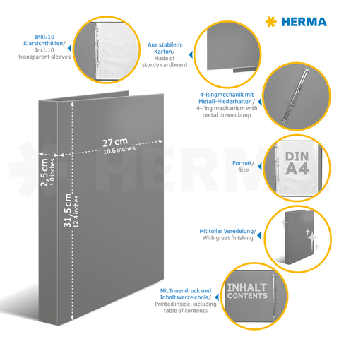 Gray binder with a 4-ring mechanism, A4 size, made of sturdy cardboard, including 10 clear sleeves, with a printed interior.