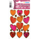 Bunte Herzaufkleber in verschiedenen Größen und Designs, einschließlich gestickter Details und Mustern, auf einem weißen Hintergrund.