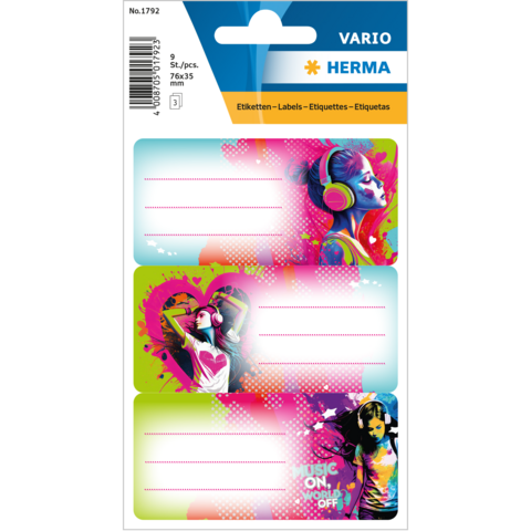 Colorful labels featuring music motifs that provide space for inscriptions. The designs showcase stylized figures wearing headphones along with graphic elements.