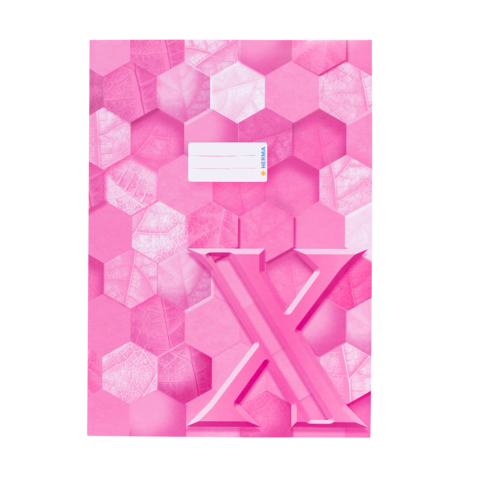 Rosa Heft mit hexagonalem Muster und hervorgehobenem Buchstaben "X" auf der Vorderseite.