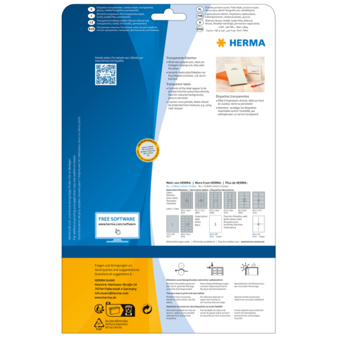 Rückseite einer Verpackung für transparente Etiketten von HERMA, mit Anweisungen, QR-Code und Informationen zur kostenlosen Software.